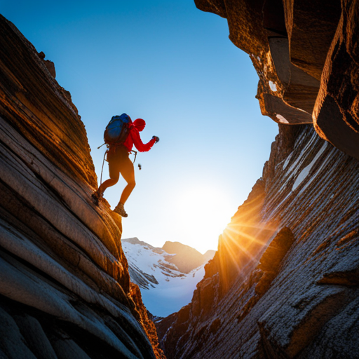 Solo adventurist climbs steep rocky terrain, exploring the natural diverse formations, from rocky cliffs to sharp crevices, capturing the daunting peaks illuminated by the sun's radiant and dramatic directional lighting, as they ascend towards the treacherous summit. 