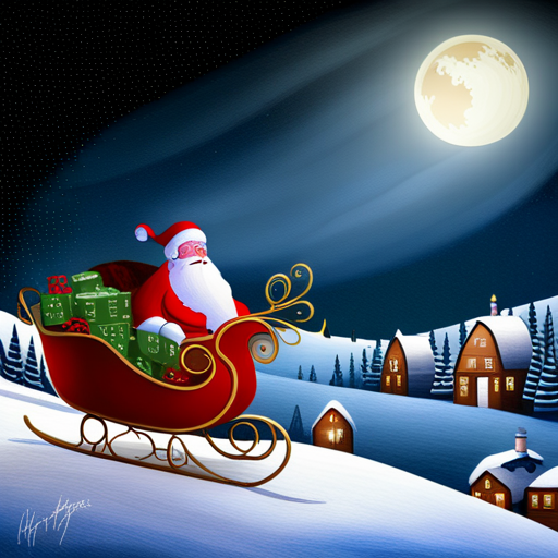 reindeer, Santa Claus, delivering presents, magical, winter wonderland, whimsical, holiday spirit, sleigh, flying, snowy landscape, starry night, festive atmosphere, joyful, celebration, mythical creatures, gift-giving, Christmas, enchanting, fairytale, dreamlike, mystical, fantasy fantasy-art