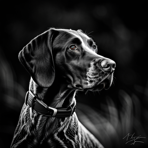 German shorthair pointer, hunting dogs, animal portrait, monochrome, high contrast, dark background, intense gaze, rugged texture, black and white photography, natural lighting, hunting instinct, powerful stance, majestic posture, pedigree breeds, outdoor photography, dog training