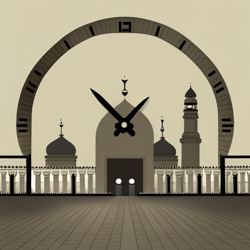 symbolic, masjid, rounded border, border shadow, clock, time, 04:10, caption, 7 minutes walking distance, location, photographic, digital-art