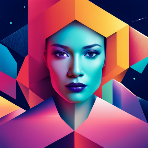 futuristic, AI-inspired, geometric shapes, vibrant colors, dynamic composition, technology, innovation, usability, user-centered design, user interface, minimalism