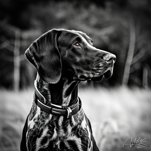 German shorthair pointer, hunting dogs, animal portrait, monochrome, high contrast, dark background, intense gaze, rugged texture, black and white photography, natural lighting, hunting instinct, powerful stance, majestic posture, pedigree breeds, outdoor photography, dog training photography, nature, animal behavior, point, prey drive, breeds, wild game, bird hunting, scent, tracking, camouflaged, agility, trained, field trial, energetic, athletic, muscular, intelligent, sporting dogs, gundogs, pointers, bird dogs, hunting equipment, camouflage, action shots, hunting techniques, wildlife, hunting season, hunting gear, hunting scenery, agility, stamina, speed, golden hour light, rule of thirds, defocused background, green tones, yellow tones, high level of detail, essence of the breed