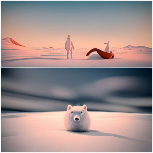 surrealism, winter, playful, sliding, Arctic animals, animation, comedy