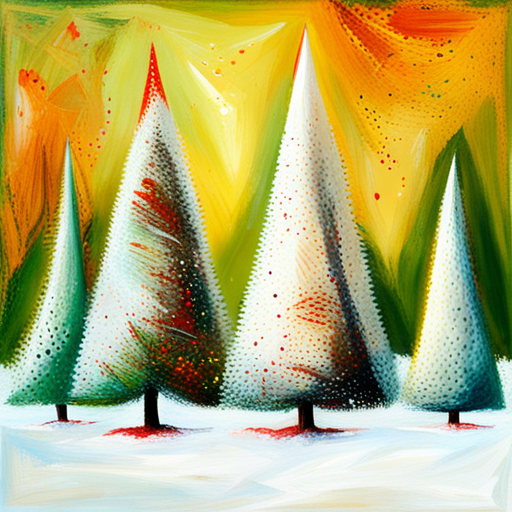 four Christmas tree, white background, textured canvas, oil painting, vintage analog-film
