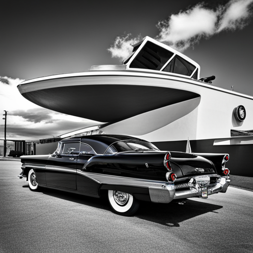 mid-century modern design, black and white photographs, sleek lines, chrome accents, tailfins, leather interiors, Route 66, gas guzzlers, drive-in theaters