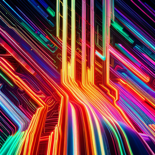 futuristic, artificial intelligence, data visualization, maximalism, neon colors, generative art, technology, complex patterns, glitch art, cyberpunk, machine learning, wires and circuits, abstract expressionism