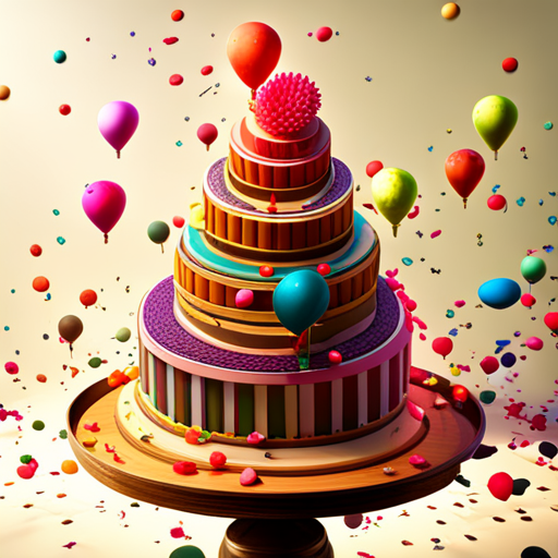 birthday, celebration, 3D, realistic, cake, candles, balloons, confetti, party, joy, colorful, vibrant, festive, lighting, composition, textures, materials, modeling, perspective, movement, scale, geometric shapes, fun, happiness, special occasion