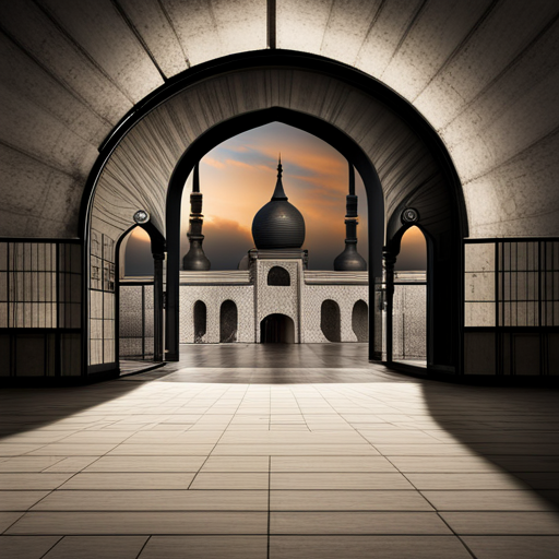 symbolic masjid, rounded border, border shadow, clock, time 04:10, caption, 7 minutes walking distance from your location