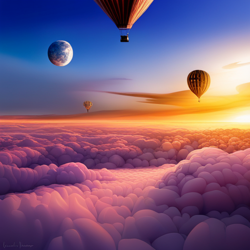 surreal, dreamlike, Jules Verne, steampunk, 1800s, golden hour lighting, vast expanse, surreal colors, floating, majestic, airy, fantasy landscape, towering mountains, endless skies, whimsical clouds, oversized hot air balloon, intricate patterns, fantastical creatures, wondrous journey, magical realism, unreal skies, ethereal glow