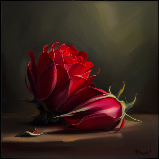 Delicately painted red petals with emotional symbolic thorns in an impressionist still-life, showcasing the fragility and beauty of the life cycle in warm lighting and chiaroscuro.