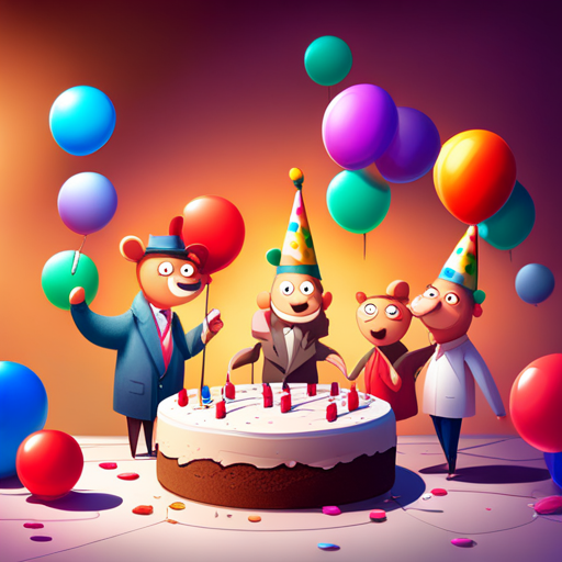 vibrant colors, joyful expressions, celebration, cake, candles, balloons, animated characters, cute animals, confetti, party hats