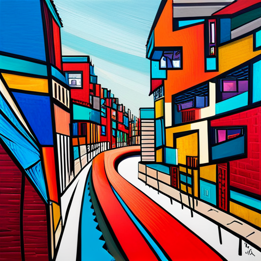 Mihalyo, contemporary art, mixed-media, urban landscapes, vibrant colors, surrealism, architectural elements, aerial perspective, fragmented composition, abstract expressionism, graffiti, street art, pop art, Futurism