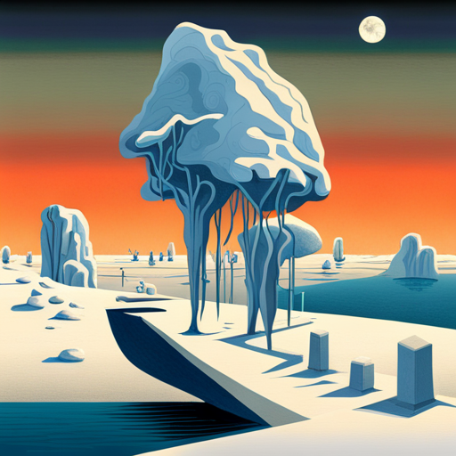 Surrealism, Winter, Playful, Monotone, Graphical, Arctic Waddle, Animated, Looping, Ice, Sliding, Comedy, Salvador Dali, Max Ernst, Giorgio de Chirico, André Breton, Yves Tanguy, Rene Magritte, Cold War era, Snowflake, Frost, Snow drift, Icicles, Abstract art, Cybernetic organisms, Futuristic, Animated cartoons, Anthropomorphic animals, Character design, Visual storytelling, Stop motion, Motion graphics, Sketch comedy, Puns, Irony, Satire, Visual jokes, Animation principles, Staging, Motion path, Timing, Squash and stretch, Arcing, Secondary motion, Directing animation, Ice skating, Ice hockey, Ice fishing, Tobogganing, Sliding turns, Curling, Bobsleigh, Figure skating, The Nutcracker ballet, Jingle Bells, Slapstick comedy, Digital painting, Digital collage, Vector art, Graphic design, Minimalism, Black and white, Shades of grey, Textured backgrounds, Geometric shapes, Motion blur, Light sources, Shadows, Reflections, Shine, Gloss, Defining edges, Cell shading, Framing, Animated typography, Kinetic typography, High speed camera, Time-lapse photography, Snowstorm, Blizzard, Snowman, Yeti, White rabbit, Northern lights, Winter solstice, Shortest day, Longest night