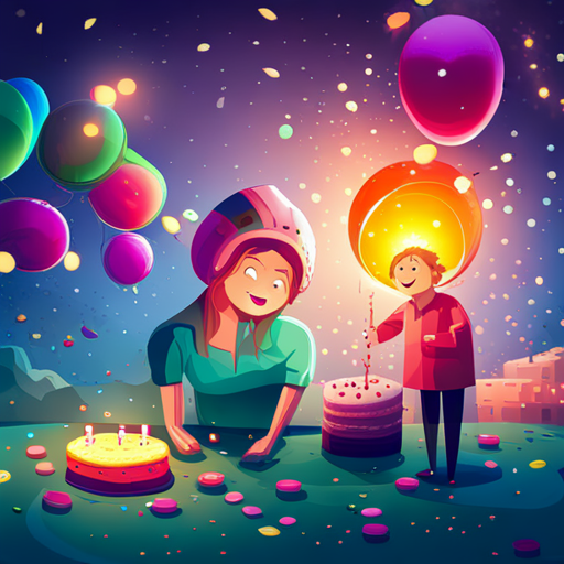 animated, birthday, celebration, vibrant colors, cute characters, joyful atmosphere, party hats, confetti, balloons, cake, candles, gifts, festivities, happiness, animation, fun, animation technique, upbeat music