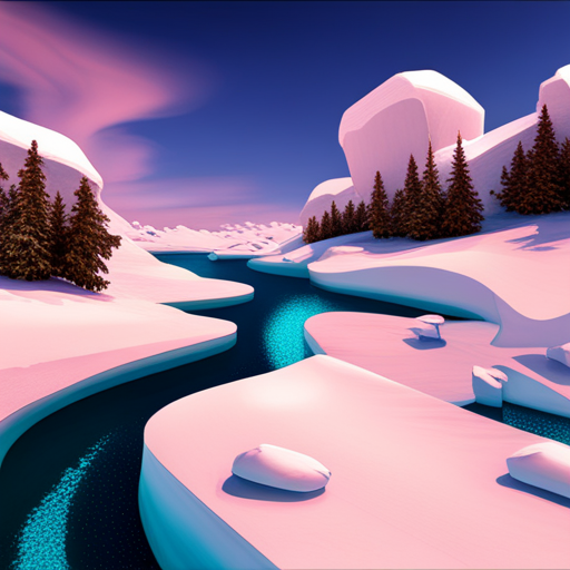 Surrealist winter wonderland, playful Arctic waddles, animated looping ice slides, comedic tones