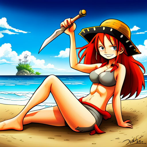 Nami, anime, shonen, character, pirate, One Piece, manga, beach, water, ocean, adventure, straw hat, navigator, red-headed, scimitar, weapon, treasure, treasure map, ship, crew, fearless, determined, strong-willed, brave, blue, yellow, bikini, tropical, waves, island, sunny, pirates, devil fruit, sea, sky, sunny-go, Thousand Sunny, sailing, fearless, loyal