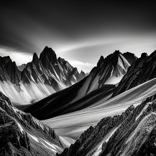 majestic peaks, dramatic vistas, natural symmetry, monochromatic palette, atmospheric perspective, epic scale, textured terrain, serene isolation, mountain ranges, grandeur, alpine glow, billowing clouds, rugged terrain, glacial formations, snowcapped peaks, jagged ridgelines