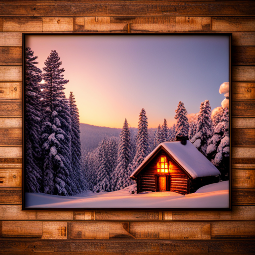 mountain cabin, cozy, rustic, winter, snowy landscape, log cabin, wood paneling, fireplace, chimney smoke, snow-covered trees, warm glow, vintage, nostalgic, traditional, snowflakes, mountainside retreat, peaceful, solitude