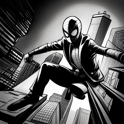 ghostspider, spiderman, superhero, Marvel, comic book, action, dynamic, costume, black and white, ink, web, arachnid, adventure, New York City, skyscrapers, nighttime, cityscape, crime-fighting, vigilante, secret identity, mask, web-slinging, swinging, agility, acrobatic, danger, rooftop, city streets, action-packed, intense, thrilling
