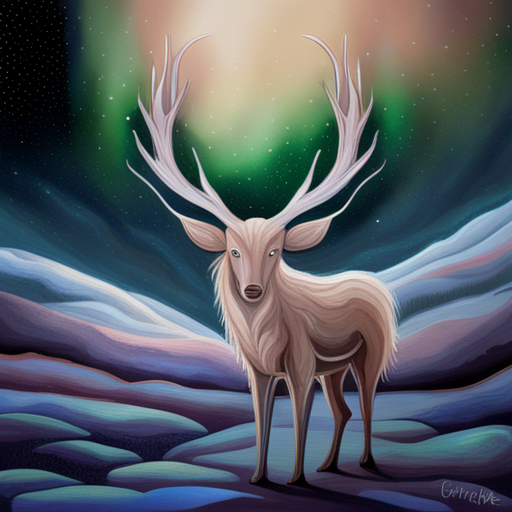mythical creatures, winter landscape, magical, ethereal, whimsical, nature, wildlife, majestic, antlers, snow, ice, mystical, enchanted forest, celestial, aurora borealis, folklore, fairytale, dreamlike, shimmering, mystical, fantastical