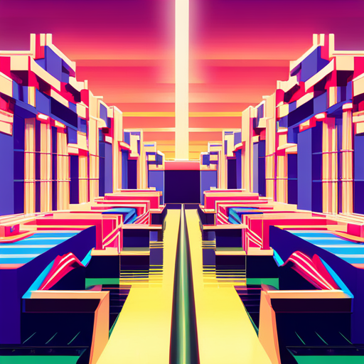 retro-futurism, Wes Anderson, computer technology, sci-fi, vibrant colors, geometric shapes, symmetrical composition, whimsical, 80's nostalgia, cyberpunk aesthetic, dystopian future, neon lighting, dystopia vs utopia, over-saturated, surrealism, vintage technology, industrial design, retro arcade games