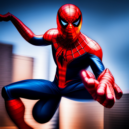 Spiderman, Marvel Comics, superhero, action, web-slinging, New York City, dynamic, energetic, red and blue, skyscrapers, urban, motion blur, dramatic, intense