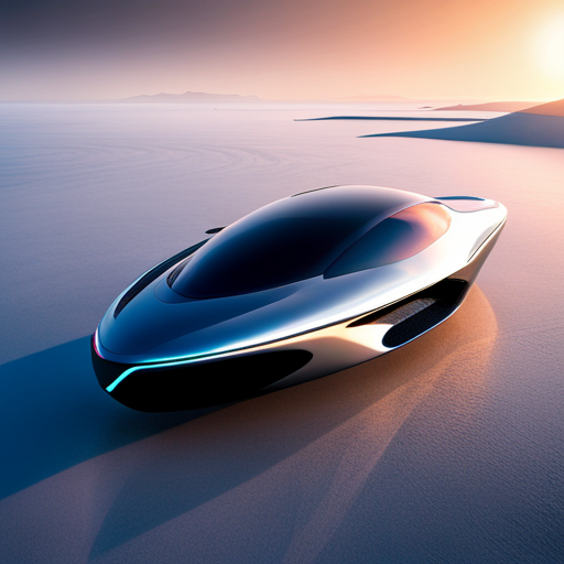 futuristic design, high-tech, sleek aerodynamics, asymmetry, carbon-fiber, holographic and neon-lit accents, levitation, dynamic and chrome-plated jet-inspiration, transparent and modular, fast movement, AI-controlled, sustainable materials