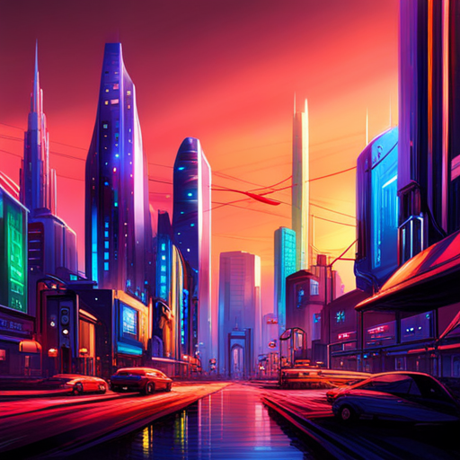 neon lights, cyberpunk architecture, bioengineered vegetation, bustling metropolis, contrast of technology and nature, vibrant colors, futuristic skyline, artificial intelligence, dystopian society, neon signs, organic structures, industrial landscapes, high-tech cityscape, advanced machinery, glowing plants, post-apocalyptic setting, digital artistry, urban jungle