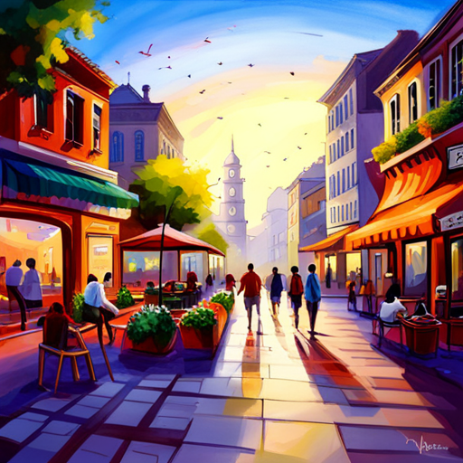 early morning light, peaceful scenery, vibrant colors, urban landscapes, architectural elements, shadows and highlights, serenity, sunlight filtering through trees, quaint cafes, bustling restaurants, people walking, evening ambiance, streetlights, cityscape, charming buildings