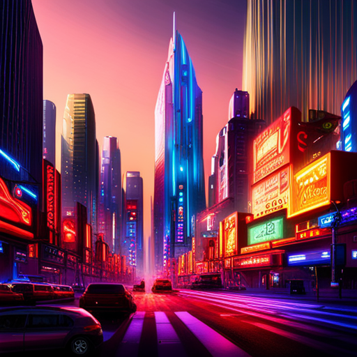 neon lights, cyberpunk architecture, bioengineered vegetation, bustling metropolis, contrast of technology and nature, vibrant colors, futuristic skyline, artificial intelligence, dystopian society, neon signs, organic structures, industrial landscapes, high-tech cityscape, advanced machinery, glowing plants, post-apocalyptic setting, digital artistry, urban jungle