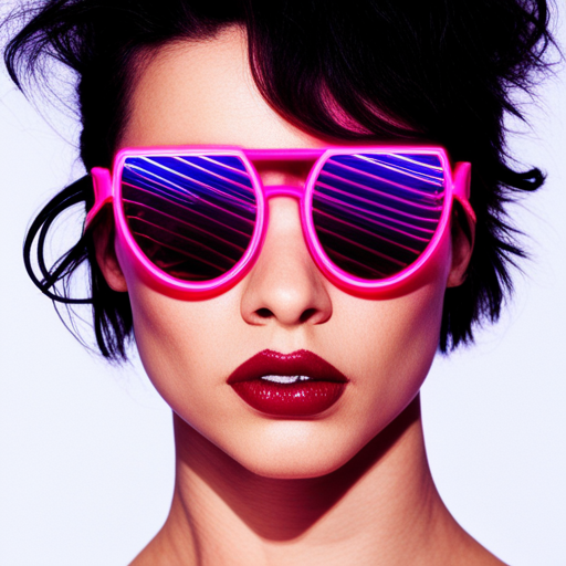 futuristic, sunglasses, neon lights, cyber style, geometric shapes, high contrast, fashion, rebellion, dystopian future, intense colors, electronic music, streetwear, augmented reality
