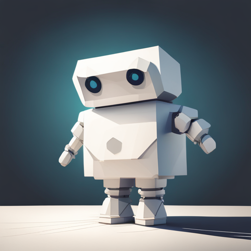 Minimalist, low-poly, geometric robot sculpture with cute features and a clean white background. Emphasizes simplicity and texture with white space and light sources.