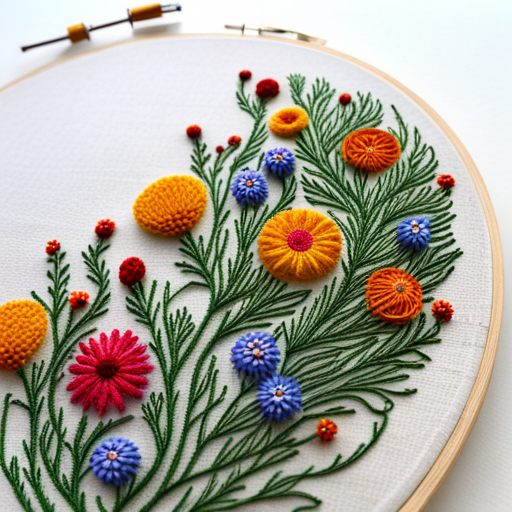embroidery, pattern, wildflower meadow, delicate stitches, intricate detailing, vibrant colors, nature-inspired, textile art, organic shapes, traditional craft, vintage aesthetic, botanical elements, floral composition, intricate patterns, artistic embellishments, meadow grass, lush foliage, fine craftsmanship