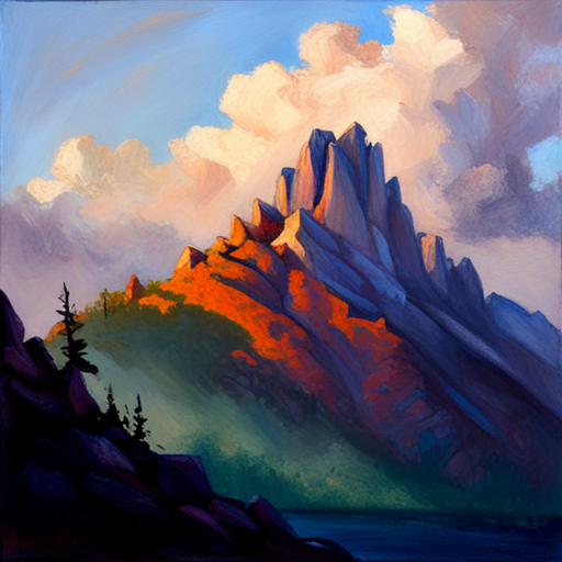 majestic peaks, rugged terrain, atmospheric perspective, Impressionism, Hudson River School, light and shadow, texture, acrylic paint, naturalism, serenity, grandeur, scale, plein air, rocky outcroppings, dramatic sky, asymmetry, depth, soft brushstrokes, tranquility, landscape painting, pixel art, atmospheric lighting
