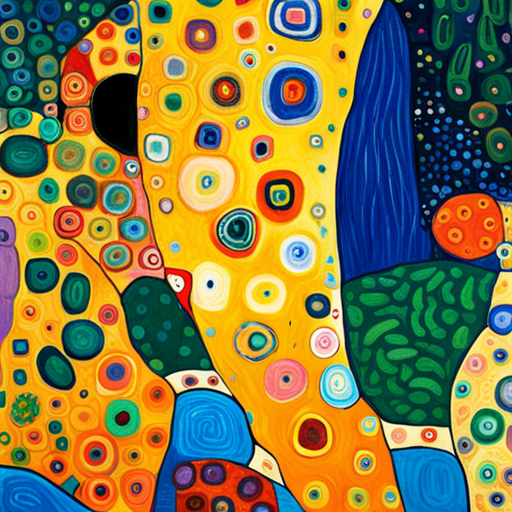 Gustav Klimt, Fauvism, Expressionism, vibrant colors, abstract shapes, icy textures, acrylic painting, animal behavior, joyful mood, dynamic perspective, spatial movement, natural influences, small scale, icy materials, unconventional framing, curved shapes, minimal line quality, animal symbolism, outdoor space, modern period, high level of detail, Henri Matisse, Henri Rousseau, playful presentation