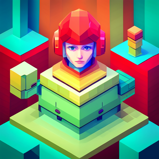 an isometric perspective of a plastic bot with geometric shapes, rendered using the low-poly technique and featuring vibrant colors as an app mascot, scale, robot art, pop art