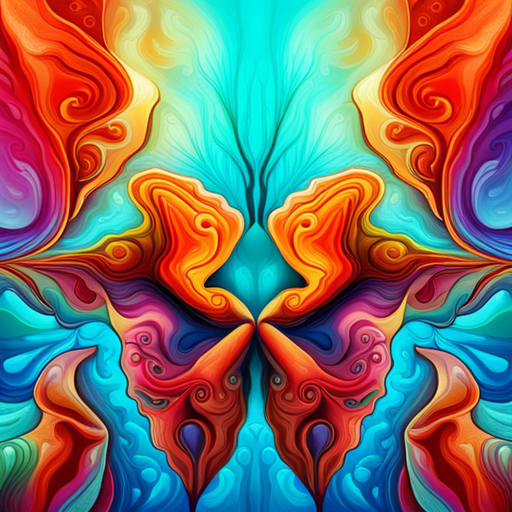Rorschach test, psychedelic colors, fluid shapes, symmetry, inkblot, psychological, perception, mixed media, surreal