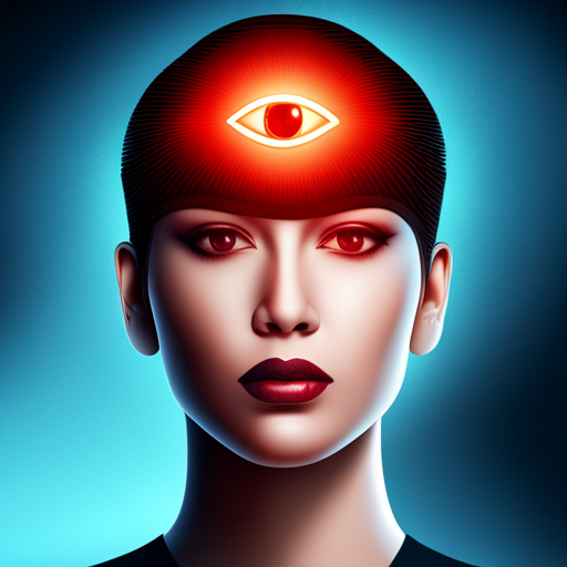 a futuristic icon representing a news AI app, with a metallic sheen, binary code shapes, a glowing red eye, and a sleek interface design
