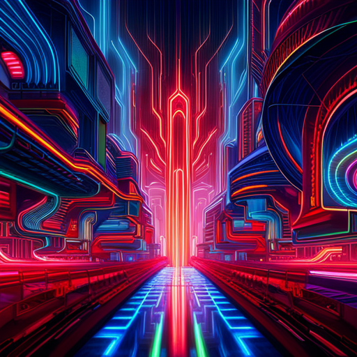 futuristic, artificial intelligence, data visualization, neon colors, generative art, complex patterns, glitch art, cyberpunk, machine learning, wires and circuits, abstract expressionism
