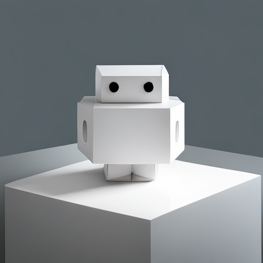 Minimalist, geometric robot sculpture, cuteness, simplicity, white space, low-poly texture, evoking artists like Donald Judd and Agnes Martin in the style of digital art with emphasis on white background and light sources