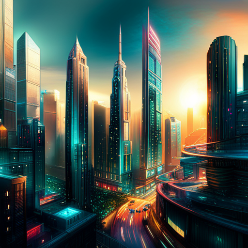 cyberpunk, dystopian, futuristic, technological, cityscape, nature, urban jungle, neon lights, vibrant colors, digital art, advanced civilization, synthetic materials, artificial intelligence, towering skyscrapers, overgrown vegetation, pollution, advanced transportation, dark alleys, glowing symbols, sleek architecture, high-tech gadgets, contrast between nature and technology, chaotic streets, augmented reality, cybernetic enhancements