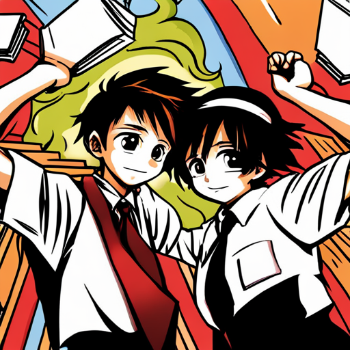 colorful, vibrant, playful, animated, manga, Japanese art, school friends, friendship, youth, dynamic composition, expressive characters, flowing hair, school uniforms, shy girl, boyish boys, contrast, emotional connection, joyful, energetic, lively, manga artist, manga style, school setting, emotive facial expressions, detailed backgrounds, iconic poses, action-packed, adventurous, fun anime