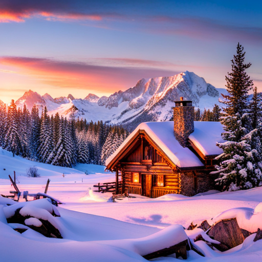 mountain landscape, cozy cabin, winter retreat, snowy peaks, rustic charm, natural beauty, peaceful solitude, warm hearth, wooden beams, crackling fireplace, snow-covered trees, panoramic view, distant horizon, tranquil atmosphere