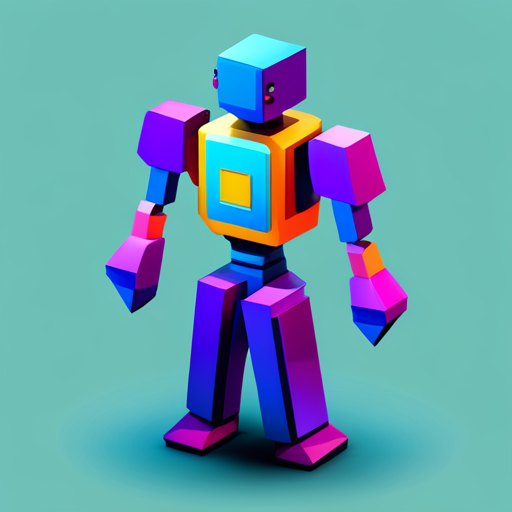 A vibrant, isometric, low-poly bot and app mascot made with plastic materials and featuring geometric shapes.