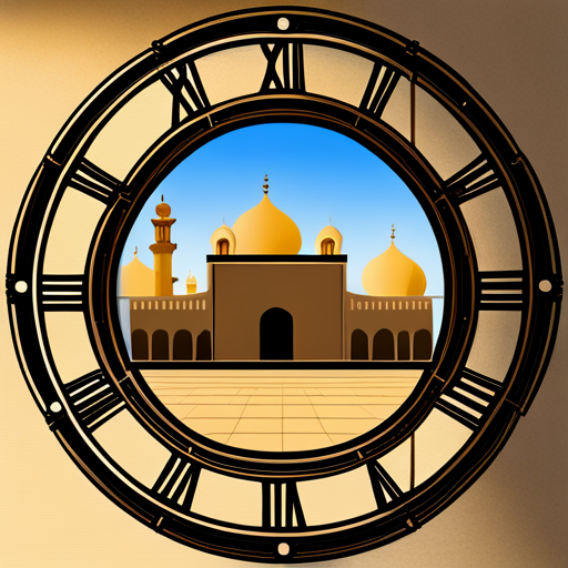 symbolic, masjid, rounded border, border shadow, clock, time, 04:10, caption, 7 minutes walking distance, location photographic