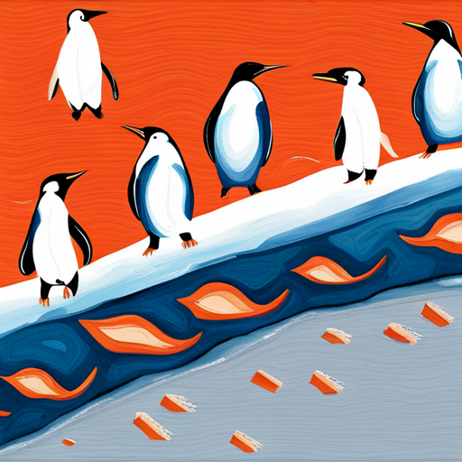 Playful penguins joyously glide on ice, creating a lighthearted scene in a crisp winter wonderland. The icy skate tracks create a patterned texture as the penguins zoom by, each one showcasing their unique waddle and personality. A playful and vibrant color palette of blues and whites is contrasted by the warm and cheerful orange beaks and feet of the penguins. The composition is dynamic, with the penguins arranged in a sweeping curve, drawing the viewer's eye along the movement and energy of the scene. The use of shading and lighting creates depth and dimension, highlighting the sparkling ice and making the penguins appear alive and full of energy. This digital artwork captures the fun and carefree spirit of childhood winter adventures, bringing a smile to the viewer's face.