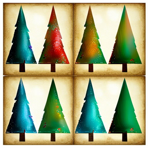 four Christmas tree, white background, textured, oil, vintage
