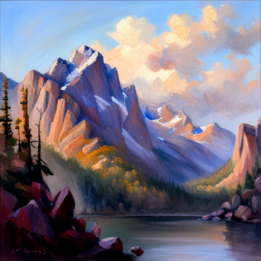 majestic peaks, rugged terrain, atmospheric perspective, muted colors, Impressionism, Hudson River School, light and shadow, texture, naturalism, grandeur, plein air, rocky outcroppings, dramatic sky, asymmetry, depth, soft brushstrokes, tranquility, landscape painting