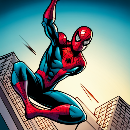 ghostspider, spiderman, superhero, Marvel, comic, illustration, action, dynamic, vibrant colors, web-slinging, arachnid, agility