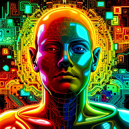 AI programming, singularity matrix, limits of identity, consciousness exploration, vivid colors, abstract shapes, cyberpunk, postmodernism